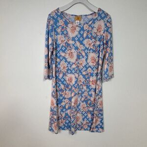 Ruby Rd Floral Print Dress Womens Medium Blue Pink Stretch Knit